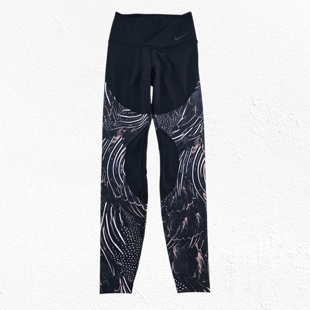 Nike Dri-FIT Black Pink Feather Print High Waisted 7/8 Leggings Size XS